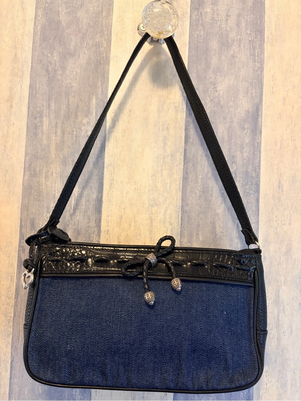 Brighton Croc Pebbled Leather & Denim Shoulder Bag Purse,Bow, Y2K, Vintage